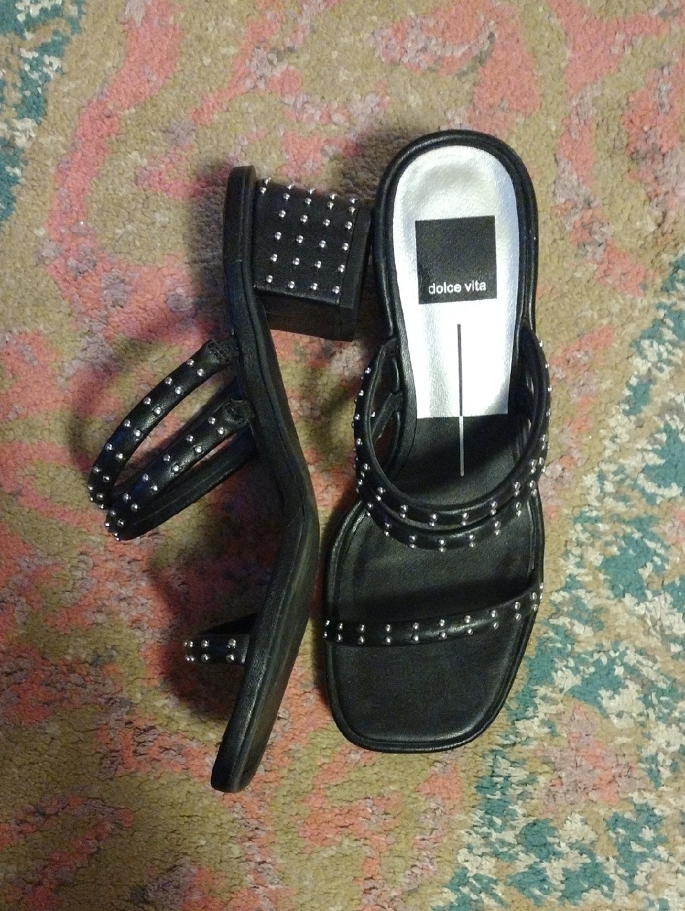 Dolce Vita Black Studded Double-Strap Block Heel Sandals